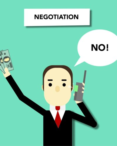 Concept illustration d'un homme avec de l'argent disant non à une offre lors de négociations commerciales au téléphone