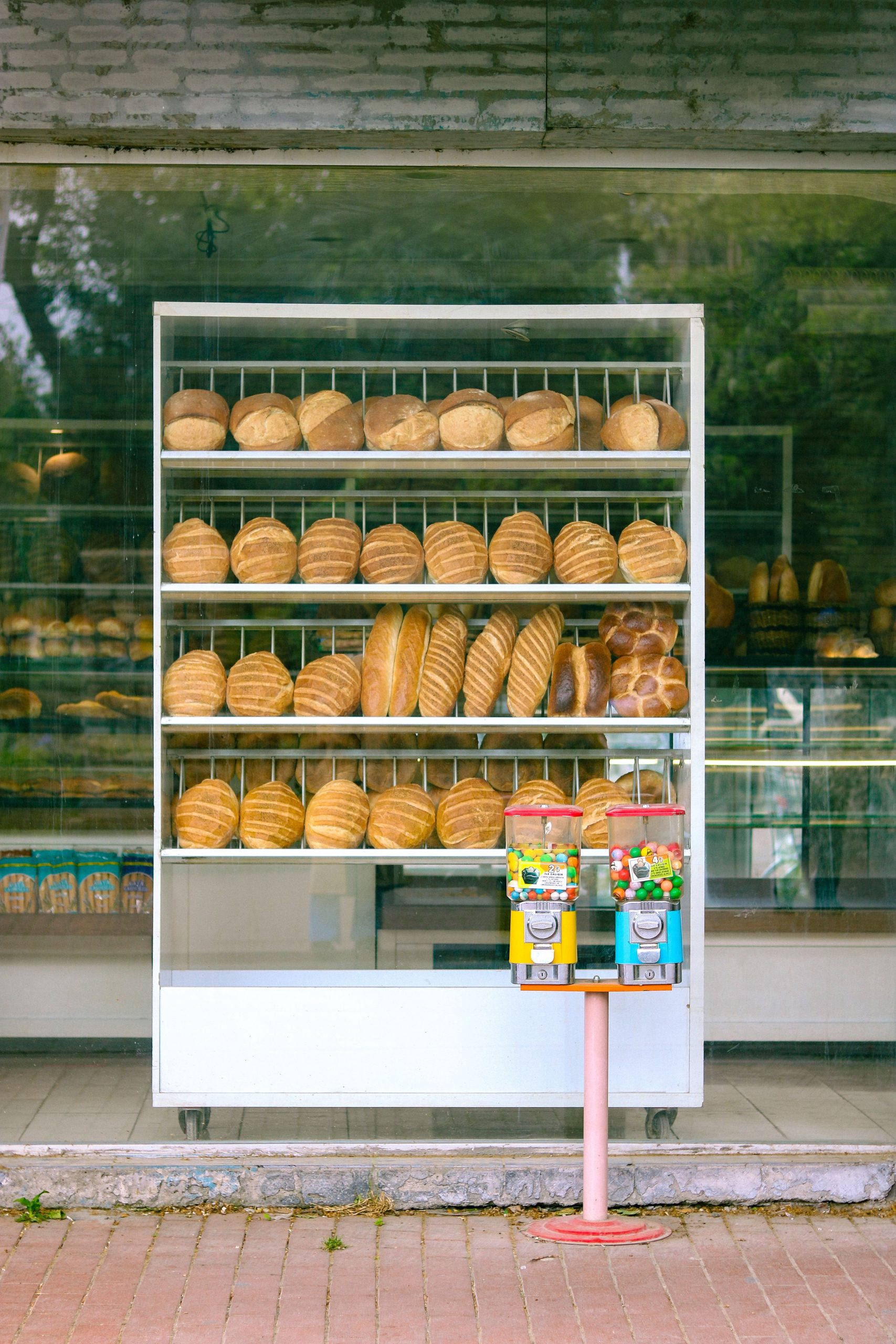 Showcase of fresh breads in a bakery window in Iznik, Türkiye. Vitrine de pains frais dans une boulangerie à Iznik, Türkiye.